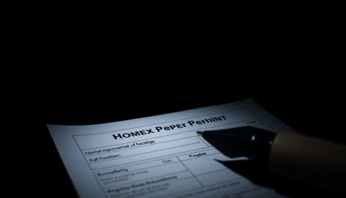 An extreme close-up photograph of a home improvement permit document or construction tool lit by a harsh, direct camera flash against a pitch-black background, creating a stark, gritty, investigative aesthetic.