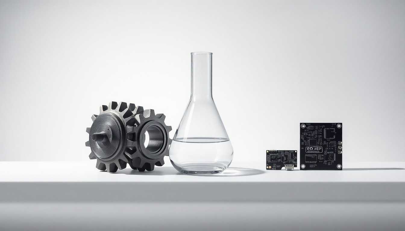 A high-end, photorealistic studio still-life photograph featuring polished metal, glass, and circuit board components arranged elegantly on a clean, monochromatic background, conceptually representing the precision and technology of modern agricultural equipment.