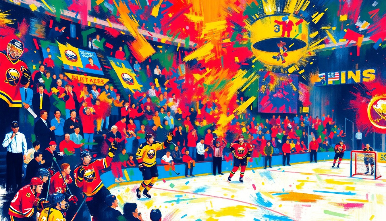 An abstract, expressionist painting in neon colors depicting the frenetic energy and excitement of a sold-out Buffalo Sabres hockey game, with players' figures dissolving into vibrant brushstrokes.