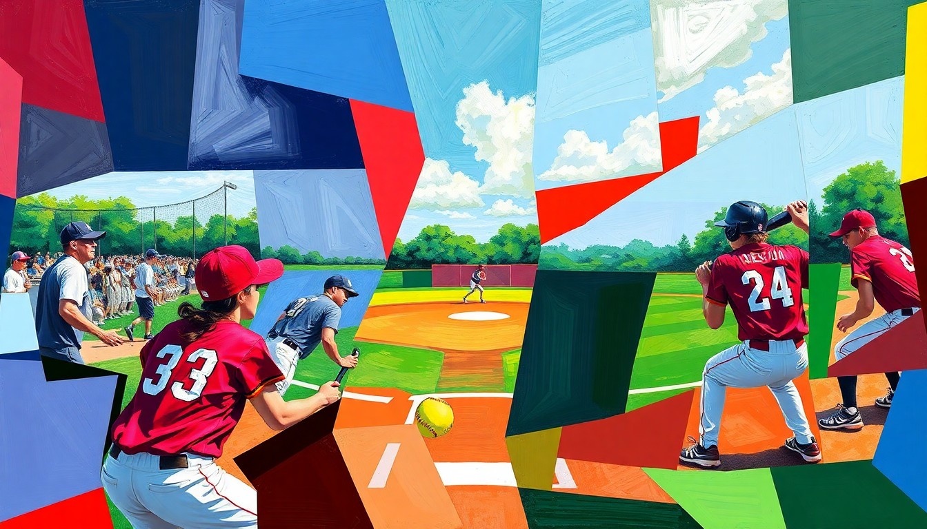 A cubist-style painting depicting a softball game, with the players and field broken down into sharp, overlapping geometric shapes and planes in the team's vibrant colors, capturing the dynamic energy and drama of the back-and-forth contest.