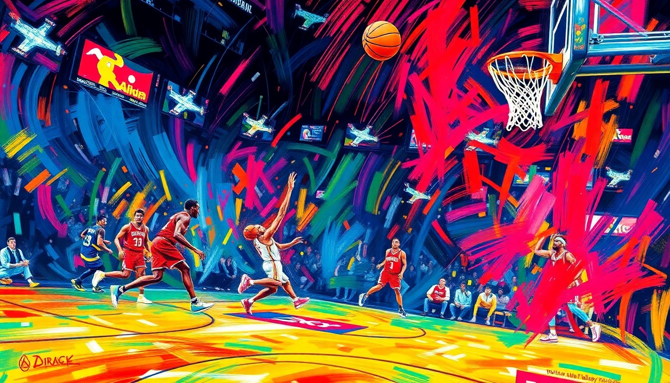 An abstract, expressionist painting in neon colors depicting the dynamic movement and energy of an NBA basketball game, with players' forms dissolving into vibrant brushstrokes.