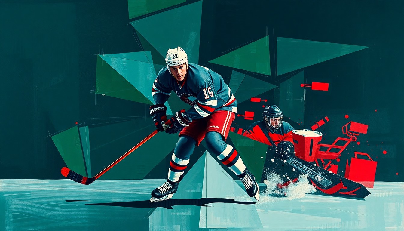 A fragmented, cubist-style painting depicting a hockey player in mid-motion, their body broken down into sharp, overlapping geometric shapes in a palette of navy, green, and red, conveying the disruption caused by Hintz's injury.