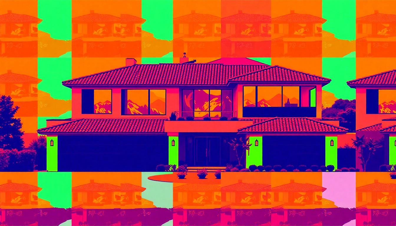 A brightly colored, high-contrast silkscreen print of a large, modern house with a red tile roof and mountain views, repeated in a tight grid pattern in the style of Andy Warhol.