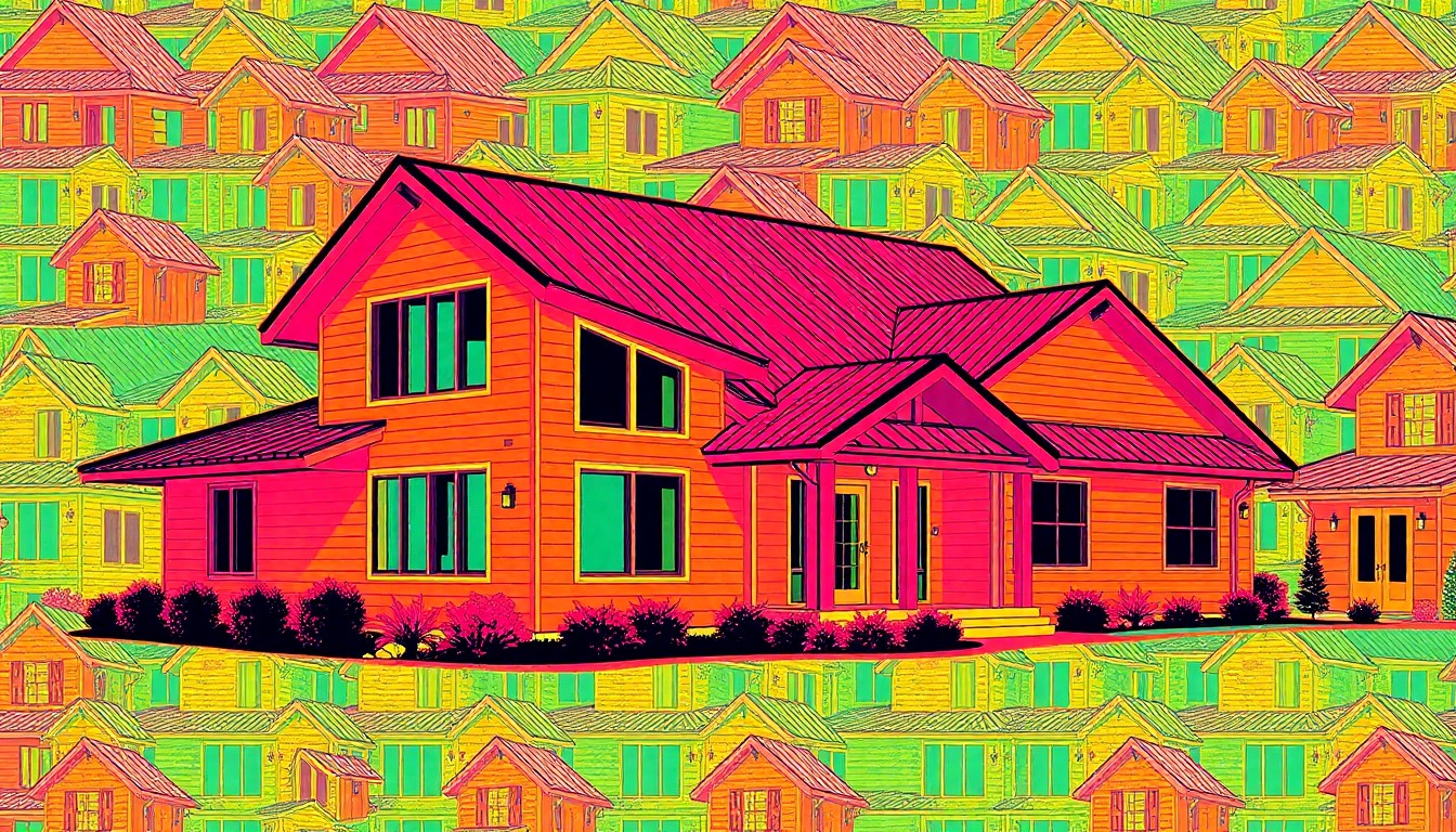 A brightly colored, high-contrast silkscreen print of a modern mountain home with a standing seam metal roof and board-and-batten siding, repeated in a tight grid pattern, capturing the vibrant and playful spirit of the property.