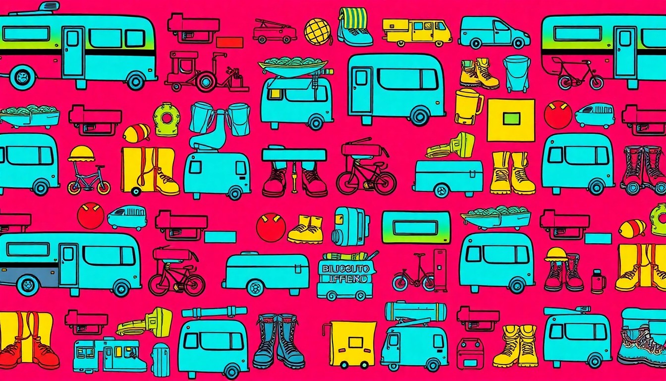 A brightly colored, high-contrast silkscreen print of a camping tent repeated in a tight grid pattern, conceptually representing the outdoor recreation and adventure opportunities surrounding this La Pine property.