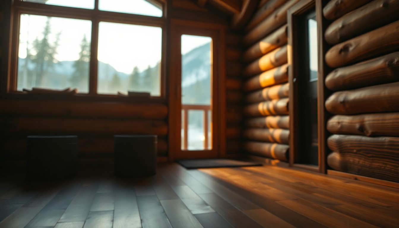 An extremely abstracted, out-of-focus photograph of a cozy mountain cabin interior, with warm pools of light and color reflecting off textured wood surfaces, conveying a sense of peaceful seclusion.
