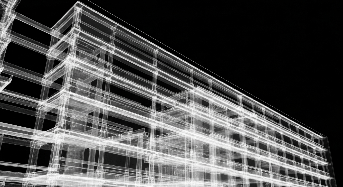 An X-ray-like image revealing the internal structure of a hospital building, with glowing lines and shapes against a dark background, conceptually representing the changes and improvements coming to the healthcare facility under new leadership.