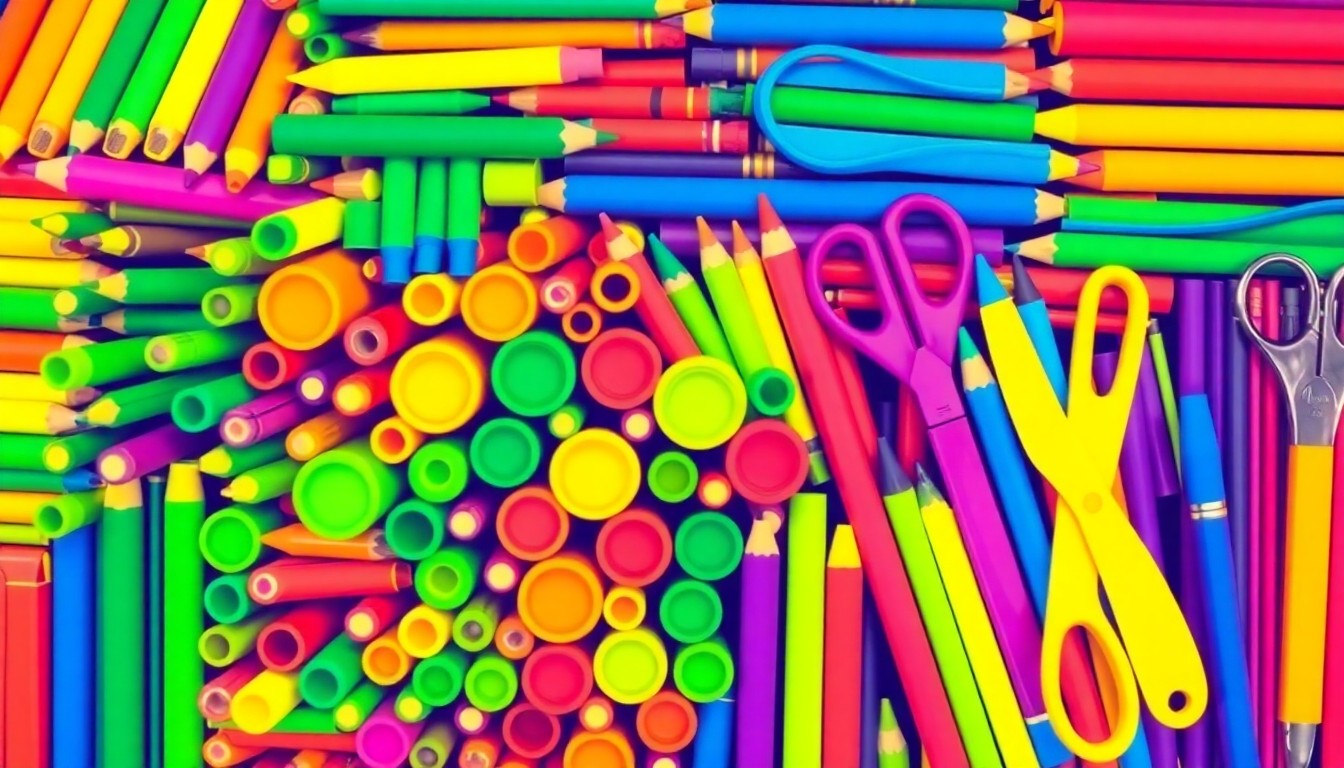 A high-contrast, silkscreen-style illustration featuring a grid of colorful classroom supplies like markers, pencils, and scissors, rendered in a bold, neon color palette that captures the celebratory spirit of the MPISD educator grants program.