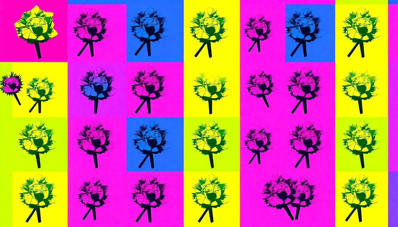 A bold, abstract silkscreen print featuring a repeating pattern of a neon-colored prom corsage, conceptually representing the joyful energy and school pride of a high school prom.