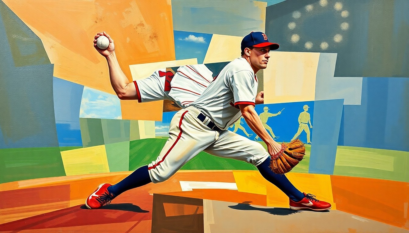 A cubist-style painting depicting a baseball pitcher's motion broken down into sharp, overlapping geometric shapes and planes, conveying the dynamic and fragmented nature of the sport.