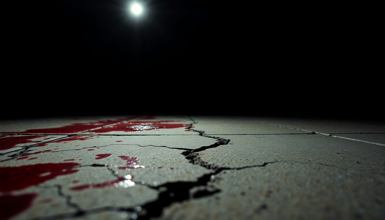 An extreme close-up photograph of a cracked and bloodied sidewalk, capturing the harsh, gritty aftermath of a violent assault in a conceptual, investigative style.