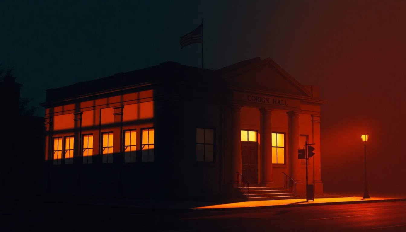 A serene, cinematic painting of a government building or city hall, with warm sunlight streaming through the windows and deep shadows casting across the facade, capturing a sense of quiet contemplation around a change in municipal leadership.