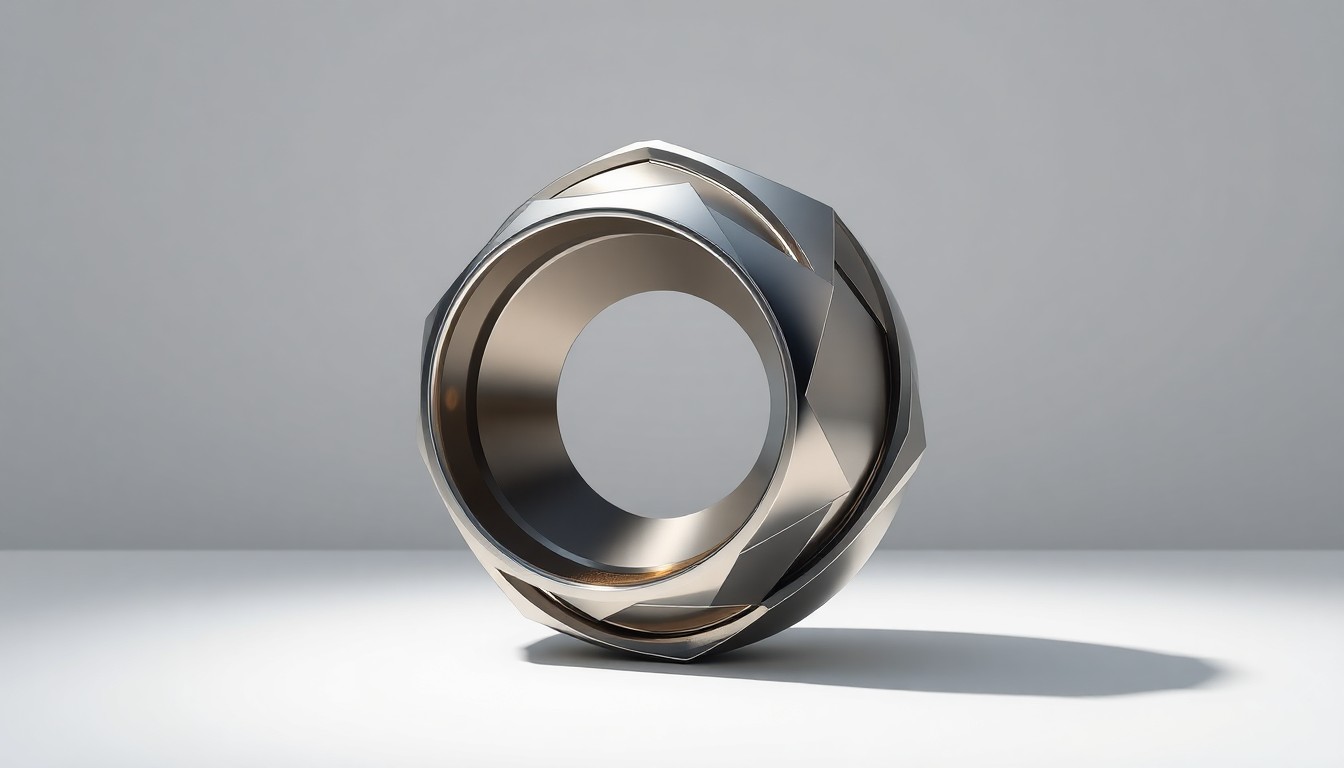 A minimalist, photorealistic studio still life depicting a polished, geometric metal sculpture in the shape of a video camera lens, resting on a clean, monochromatic background and dramatically lit to convey Zoom's focus on AI-powered video and collaboration technology.