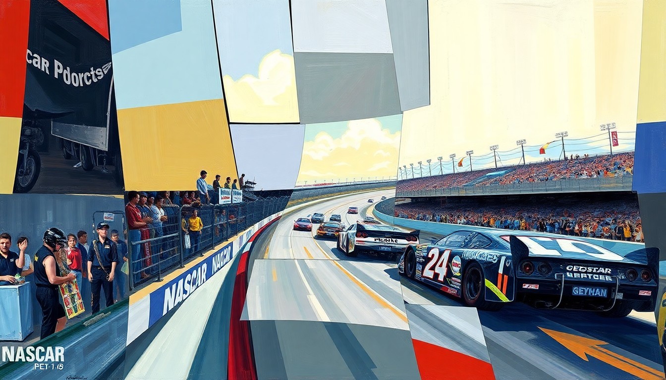 A cubist, geometric painting depicting a fragmented NASCAR race scene, with sharp, overlapping planes of color and form representing the complex organizational dynamics facing the team.