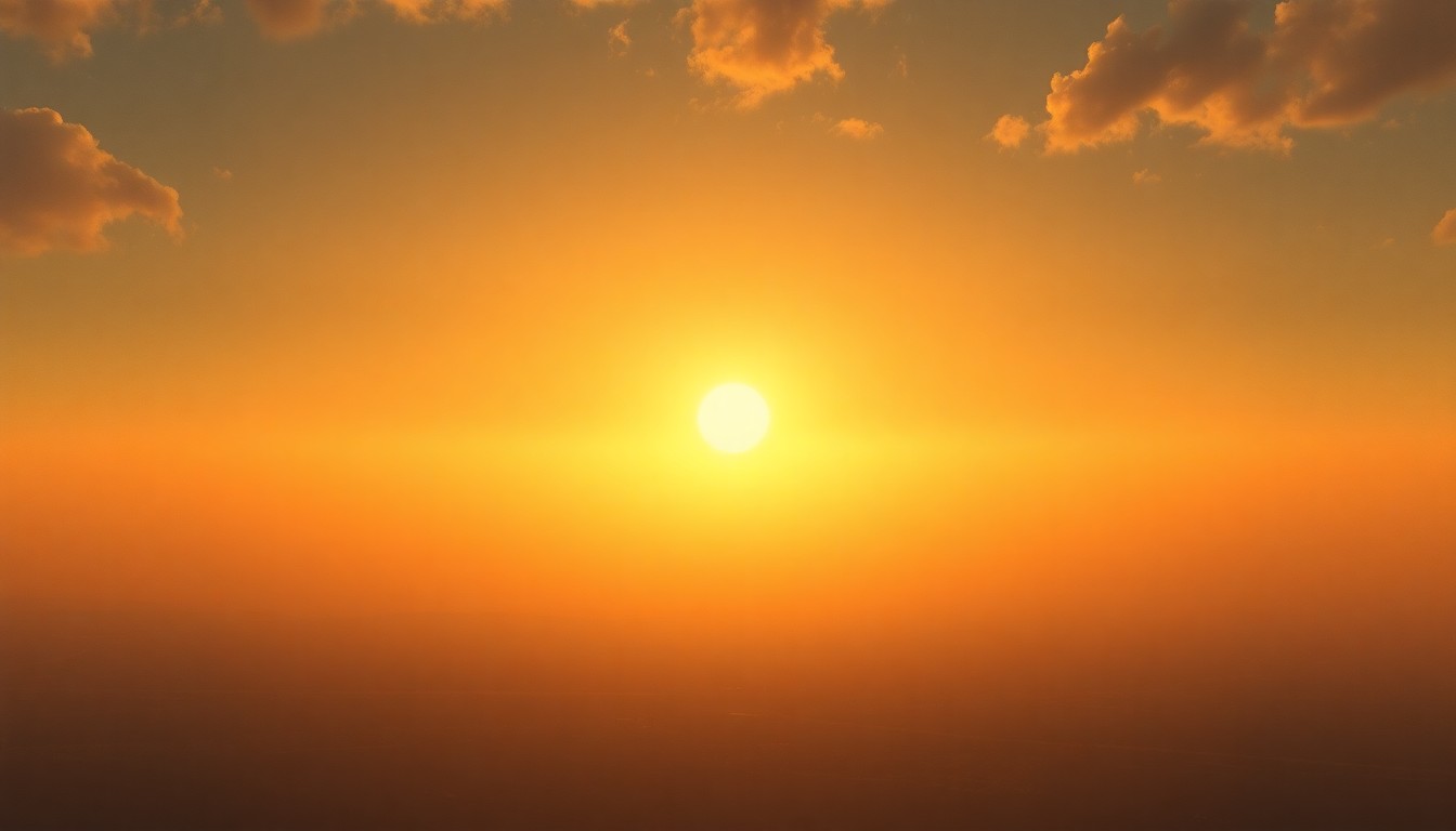 A vast, atmospheric landscape painting in muted tones of gold, ochre, and hazy blue, depicting a distant city skyline barely visible through the shimmering heat of the horizon, conveying the sublime scale and power of the natural environment.