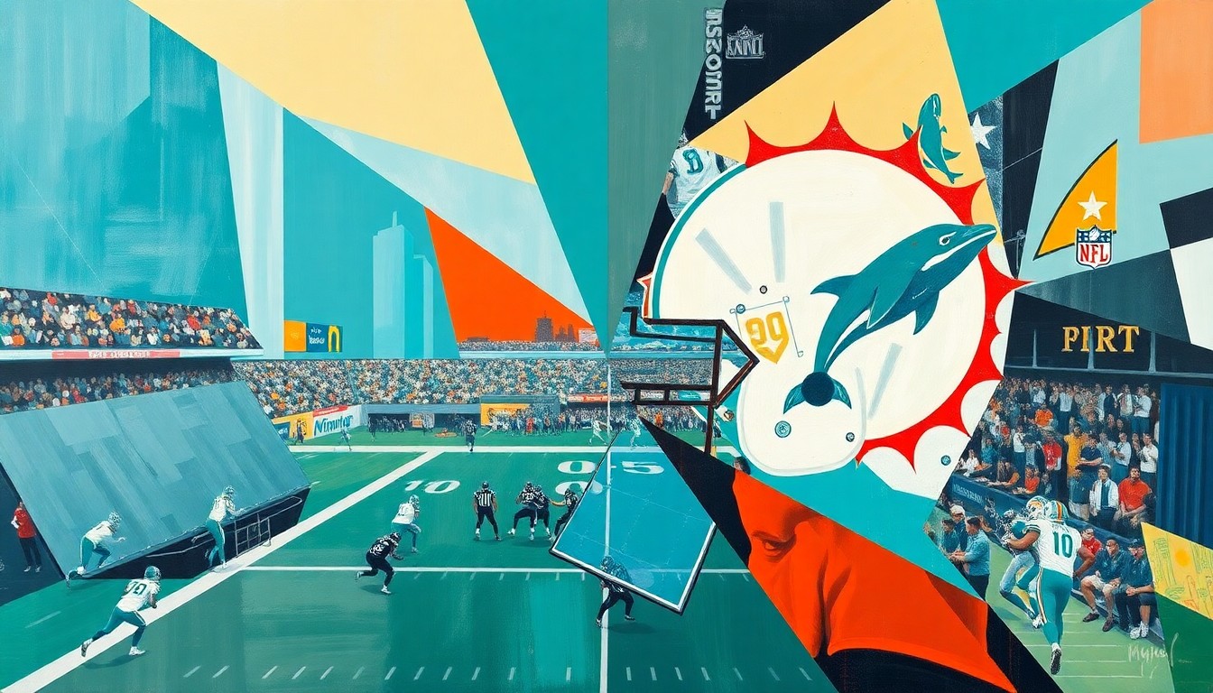 A cubist, geometric painting depicting a football game or match, with sharp, overlapping planes of color and shape representing the dynamic action on the field.