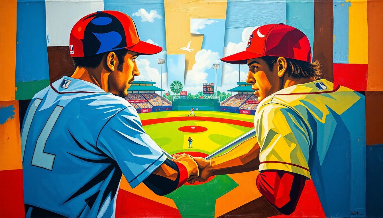 A fragmented, geometric painting in bold colors depicting the dynamic action of a baseball game between two highly touted prospects, their forms and movements broken down into sharp, overlapping planes.