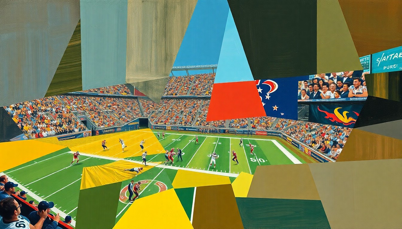 A cubist, geometric painting depicting fragmented football players and draft prospects, conveying the strategic maneuvering between NFL teams on draft day.