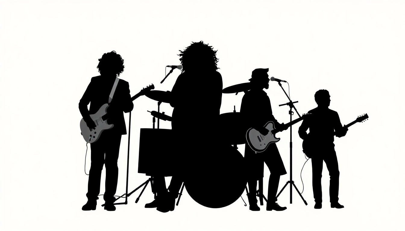 An abstract illustration using bold, jagged black silhouettes and geometric shapes in high-contrast colors to represent the collaborative nature of great music, focusing on the unsung heroes who contributed to iconic albums and songs.