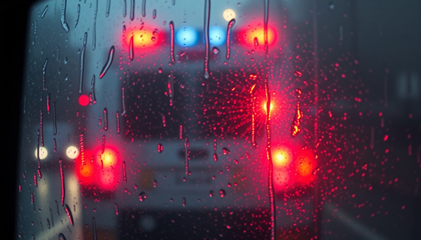 An abstract, impressionistic scene of blurred emergency vehicle lights reflected in a rain-streaked window, conveying a sense of uncertainty and the need for a new community-driven solution.