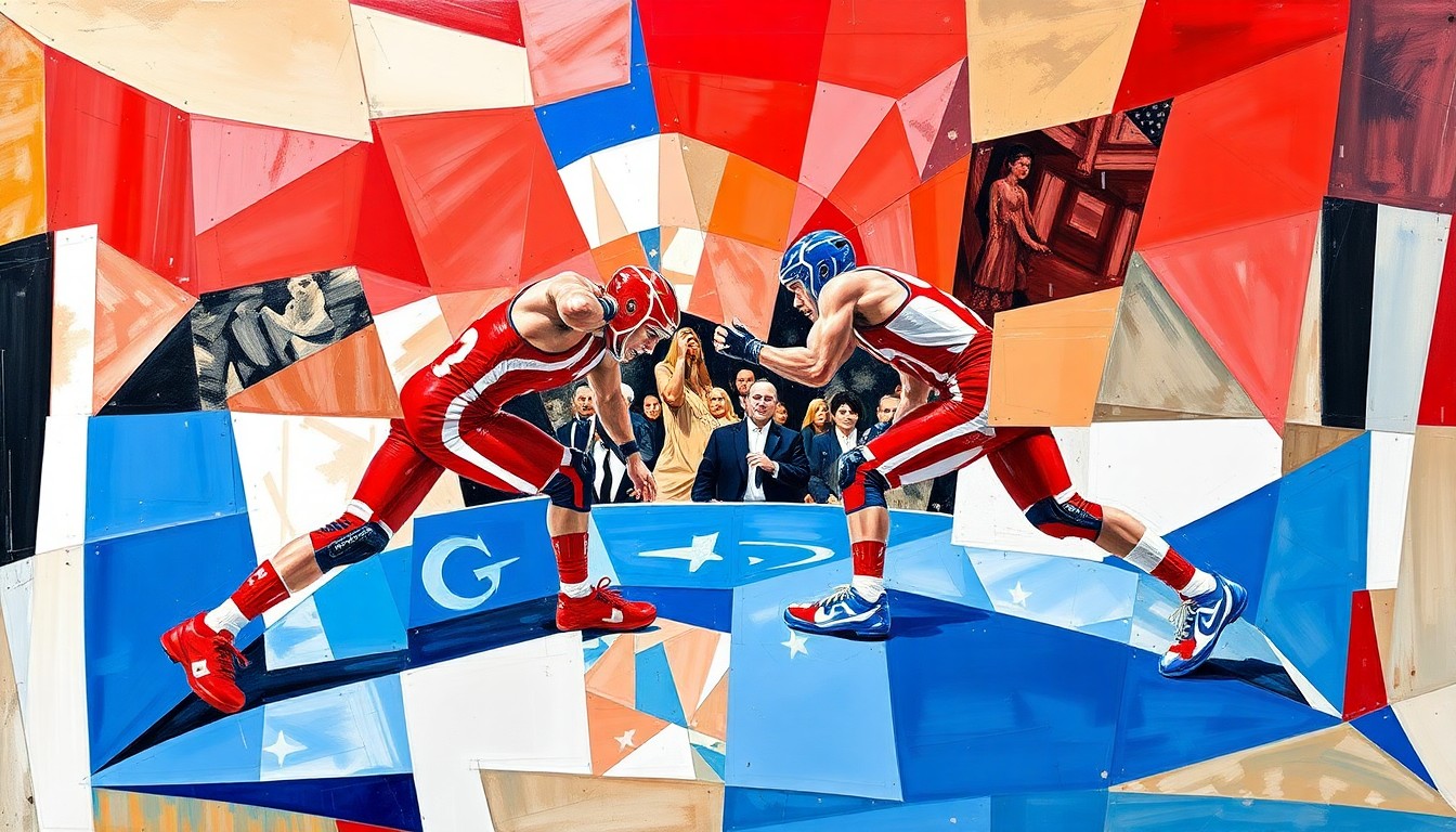 A fragmented, geometric painting depicting the dynamic movements and energy of a wrestling match, using bold primary colors to represent the New Jersey wrestlers featured in the story.
