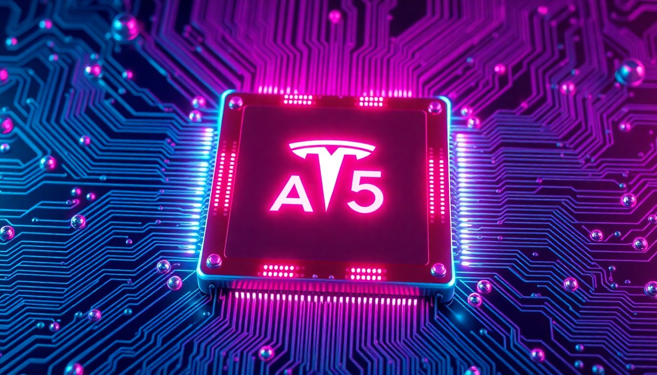 A highly detailed, glowing 3D illustration of the Tesla AI5 chip, featuring intricate circuitry and neon cyan and magenta lighting, conveying a sense of advanced, futuristic technology.