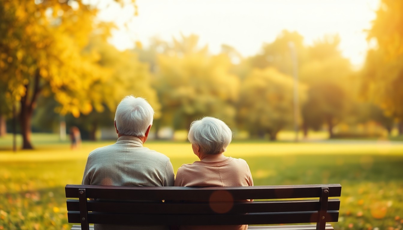 An abstract, impressionistic photograph of an elderly couple sitting on a park bench, surrounded by soft, blurred greenery and warm, glowing light, conveying a sense of comfort and contentment in a senior living community.