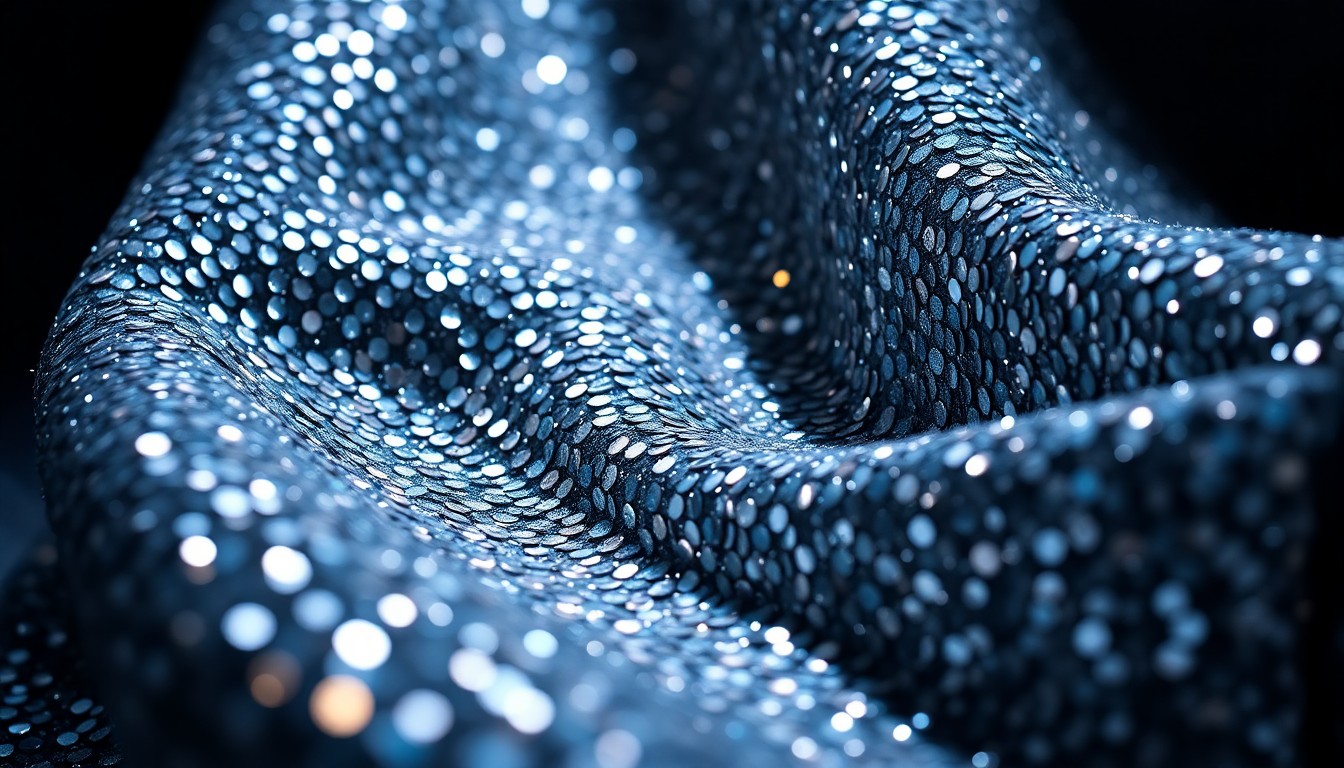 An abstract close-up image featuring a dramatic, high-contrast composition of luxurious, glittering fabric textures, conveying the glamour and excitement of the American Music Awards ceremony.