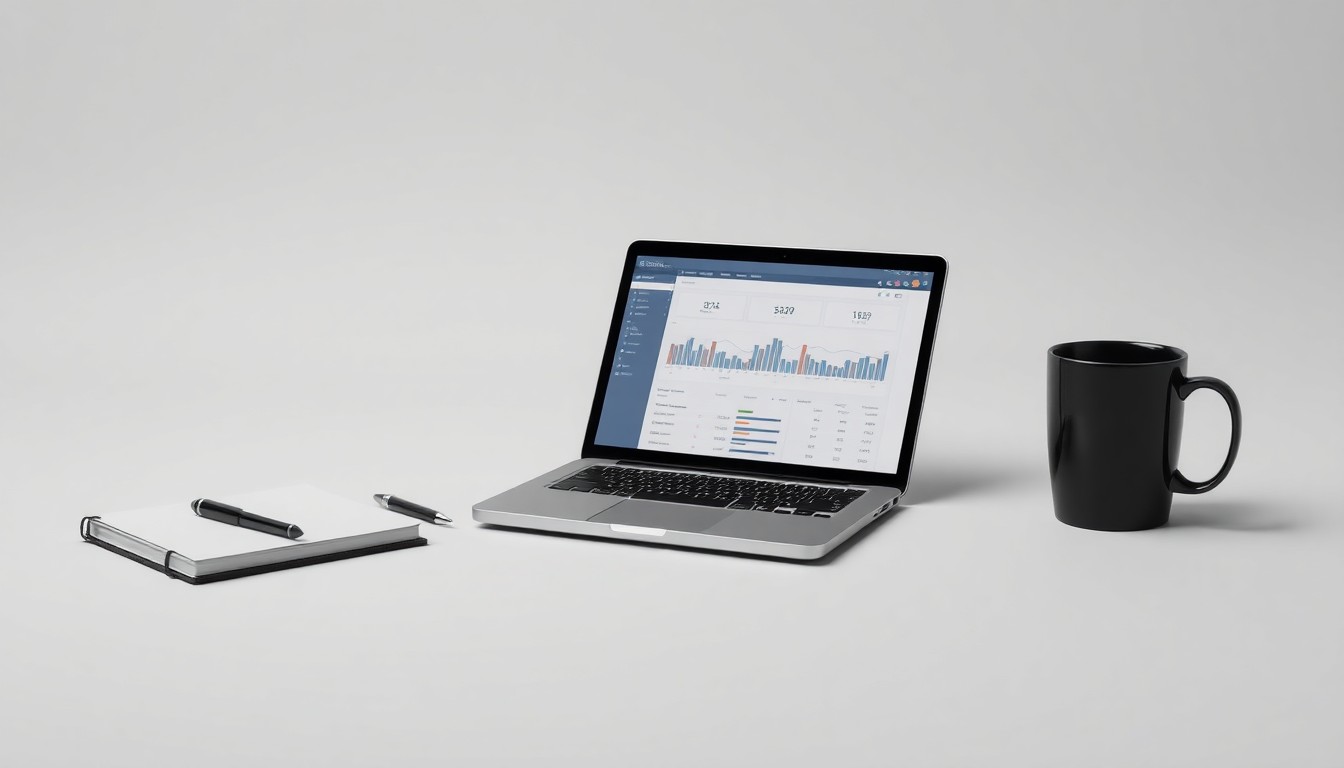 A photorealistic studio still life featuring a polished metal tablet or laptop computer displaying a data dashboard, surrounded by other premium business objects like a pen, notebook, and coffee mug, all arranged elegantly on a clean, monochromatic background and using dramatic studio lighting to convey a sense of corporate strategy and oversight.