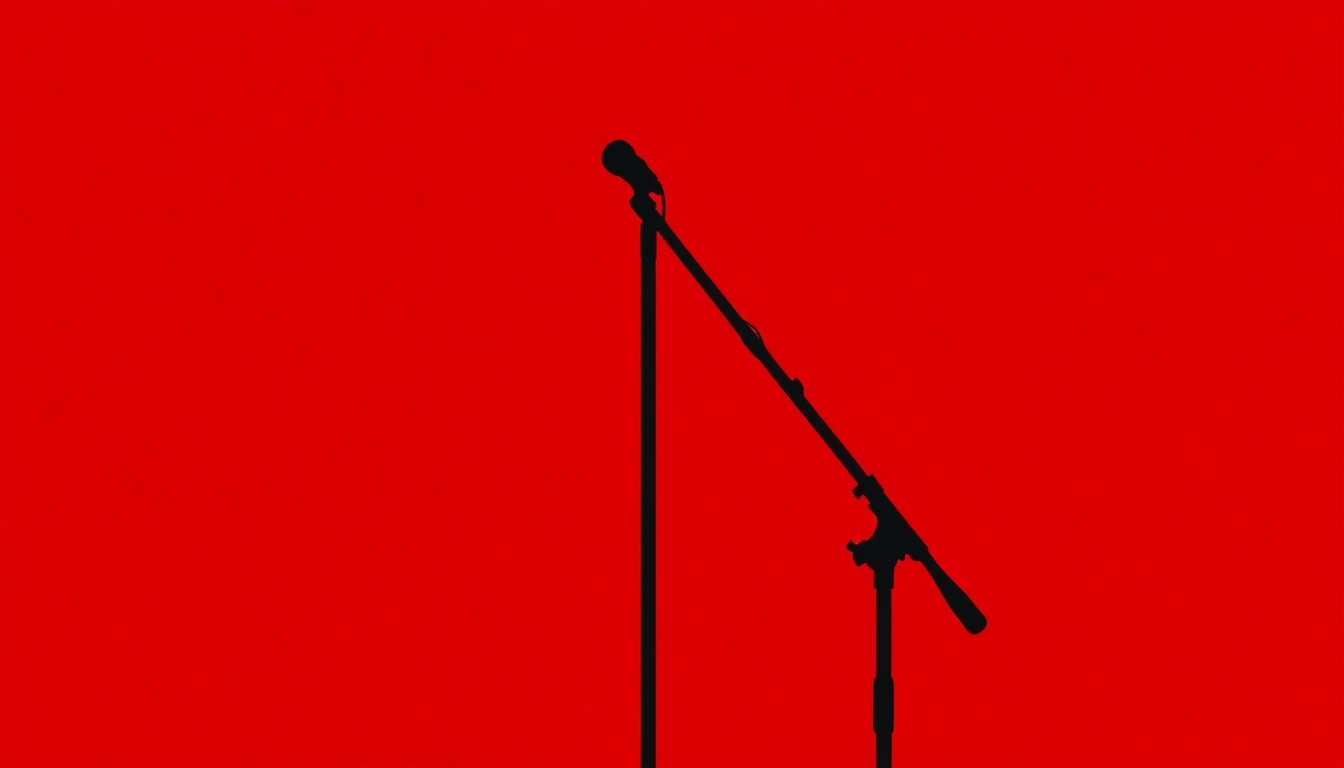 A striking black silhouette of a guitar and microphone stand against a solid red background, conveying the concept of a country music festival in a bold, graphic style.
