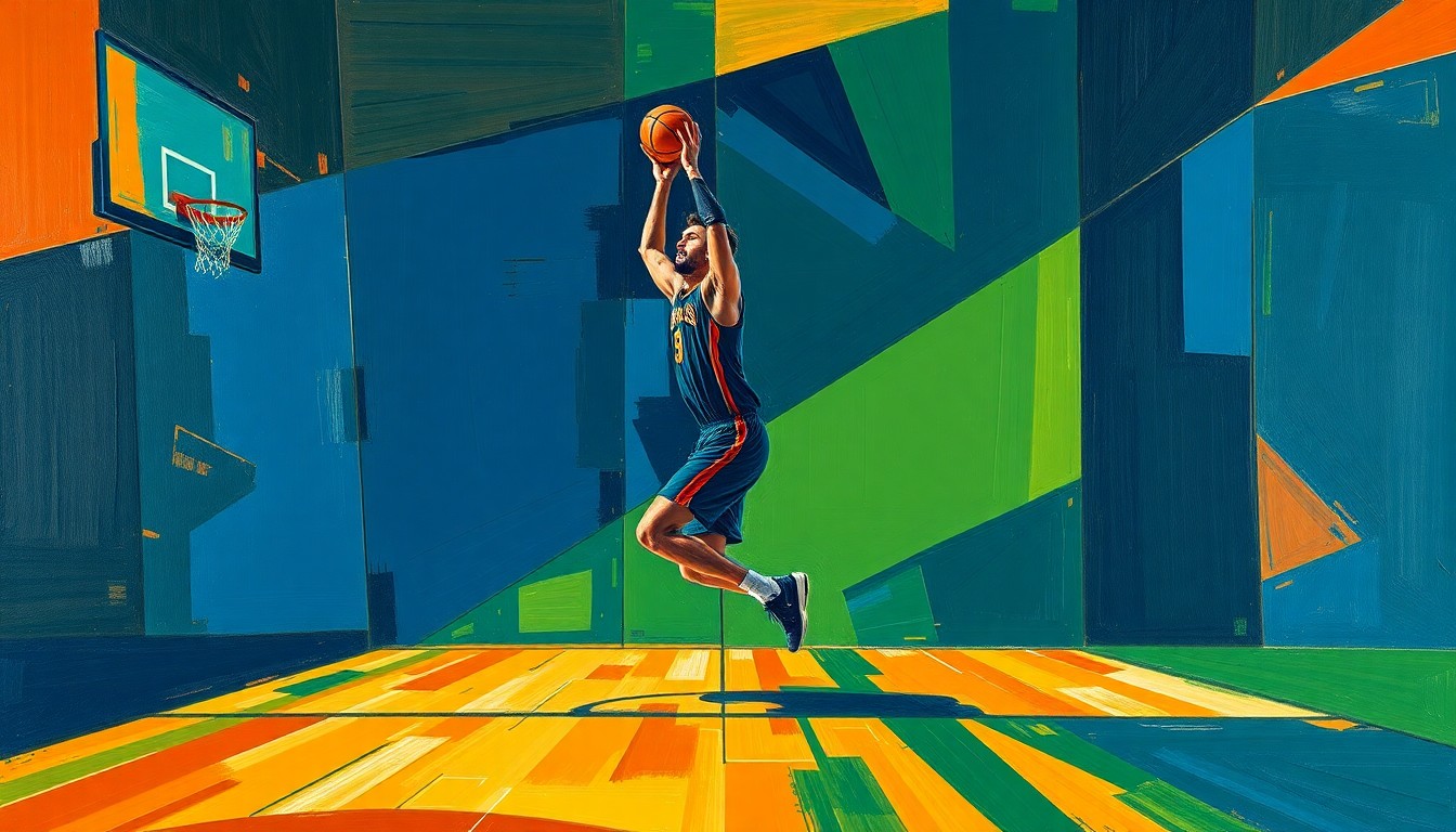 A cubist, geometric painting depicting the fragmented movements and presence of a basketball player on the court, using sharp planes of navy, green, and orange to capture the dynamic energy of the game.