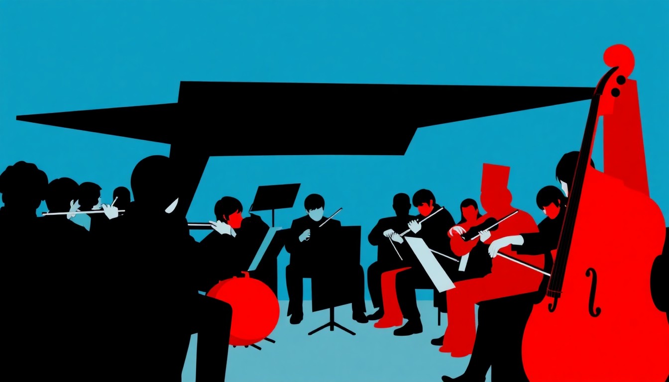 A striking abstract composition of jagged, overlapping shapes in deep blue, black, and bright red, conceptually representing the fusion of emo music and a full orchestra.