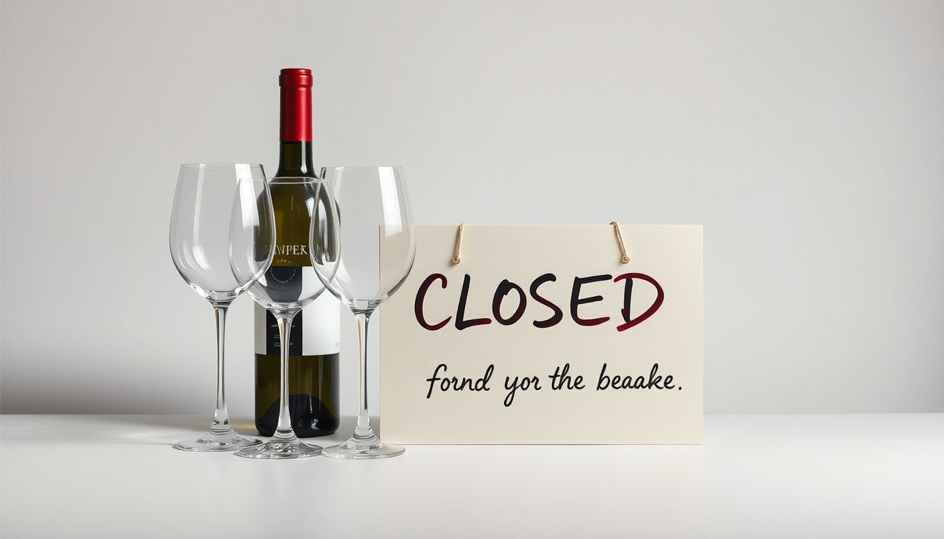 A high-end studio still life photograph featuring a simple arrangement of premium glassware, a wine bottle, and a handwritten 'CLOSED' sign, conceptually representing the bittersweet end of a beloved local business.