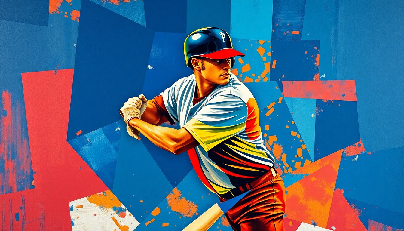 A cubist, geometric painting depicting a baseball player's batting motion broken down into overlapping planes of navy, crimson, and gold, conveying the dynamic energy and potential of the Tigers' young star.