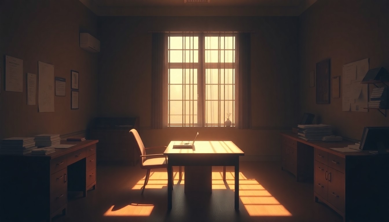 A quiet, cinematic painting of a solitary social worker's desk in a dimly lit government office, bathed in warm, diagonal sunlight and deep shadows, conceptually representing the modernization of Kentucky's social work regulations.
