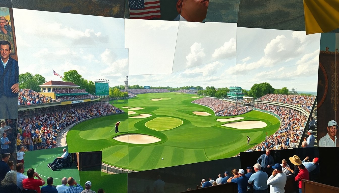 A cubist, geometric painting depicting a fragmented golf tournament scene with overlapping planes of green fairways, sand traps, and spectators, conveying the energy and excitement of a major golf event.