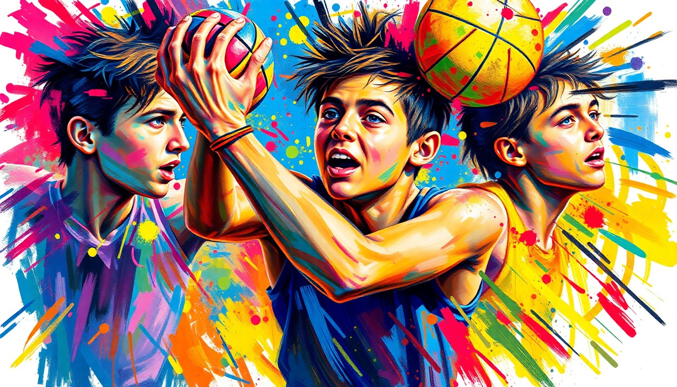 An abstract, energetic painting in neon colors depicting the dynamic movements and raw energy of a boys volleyball game, with faces and details dissolving into unrecognizable brushstrokes.