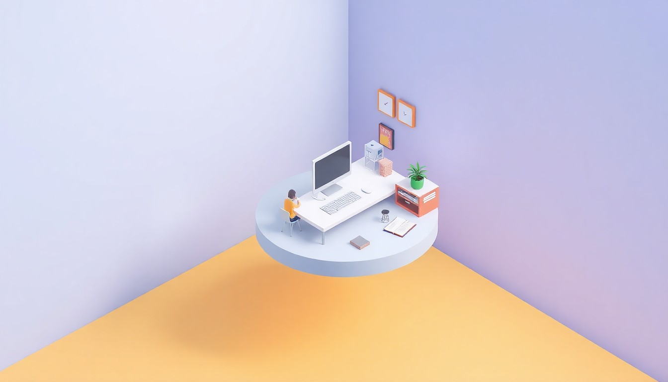 An isometric 3D digital illustration featuring a stylized conceptual business environment with a central desk, computer, and various office objects, representing the strategic advisory services of Concierra Business.