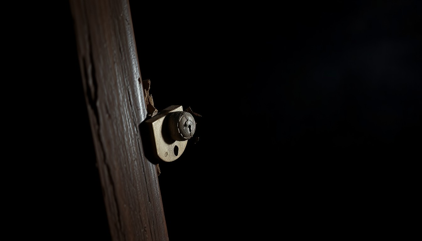 An extreme close-up photograph of a broken lock, capturing the stark, gritty aftermath of a home invasion in a dramatic, investigative style.