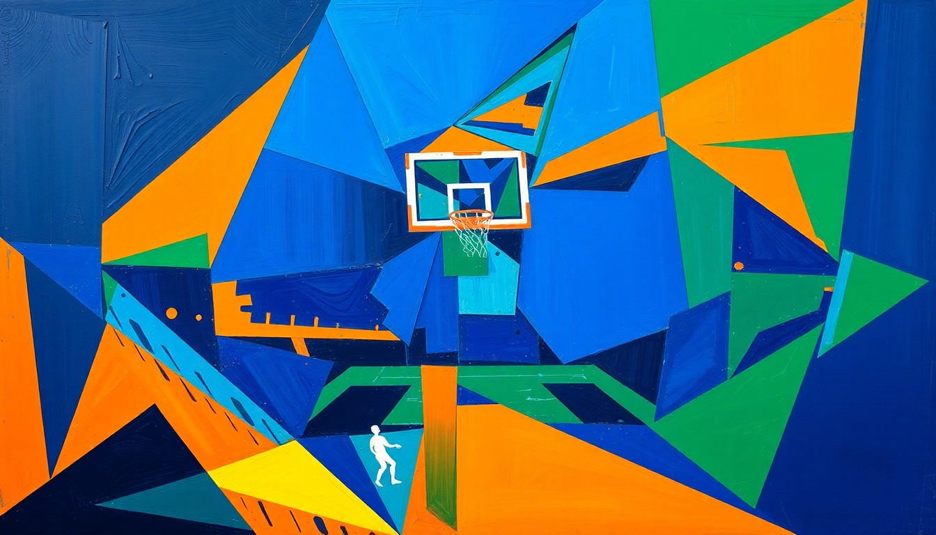 A cubist, geometric painting depicting an NBA basketball game in motion, with the players and court fragmented into sharp, overlapping shapes in a vibrant color palette, conveying the high-stakes tension of the playoff race.