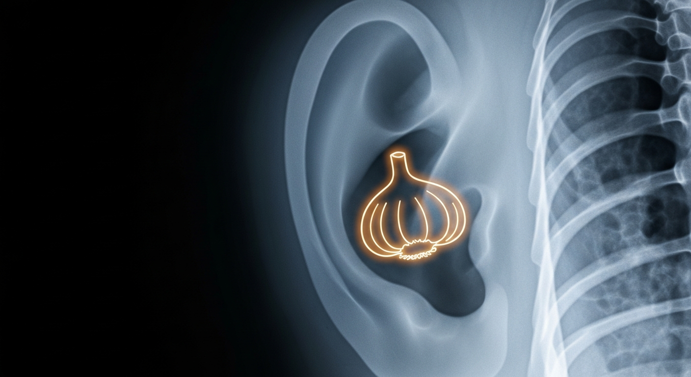 A ghostly, translucent X-ray image showing the internal structure of a human ear canal, with a faint glowing outline of a garlic clove lodged inside, conceptually illustrating the medical emergency caused by the ill-advised home remedy.