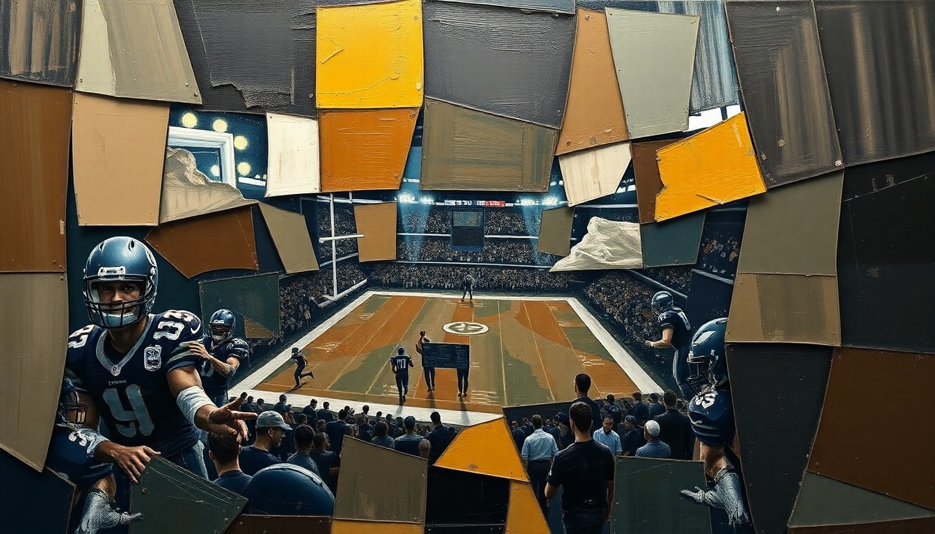 A cubist, geometric painting depicting fragmented, overlapping shapes and planes in shades of brown, gray, and navy, conceptually representing the strategic maneuvering of an NFL draft.