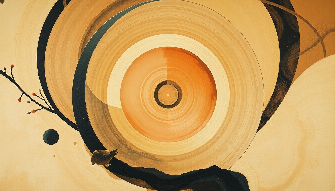 A highly textured abstract painting in earthy tones, featuring sweeping geometric shapes and precise botanical spirals, conceptually representing the complex scientific forces and fragile natural systems at the heart of the climate crisis.