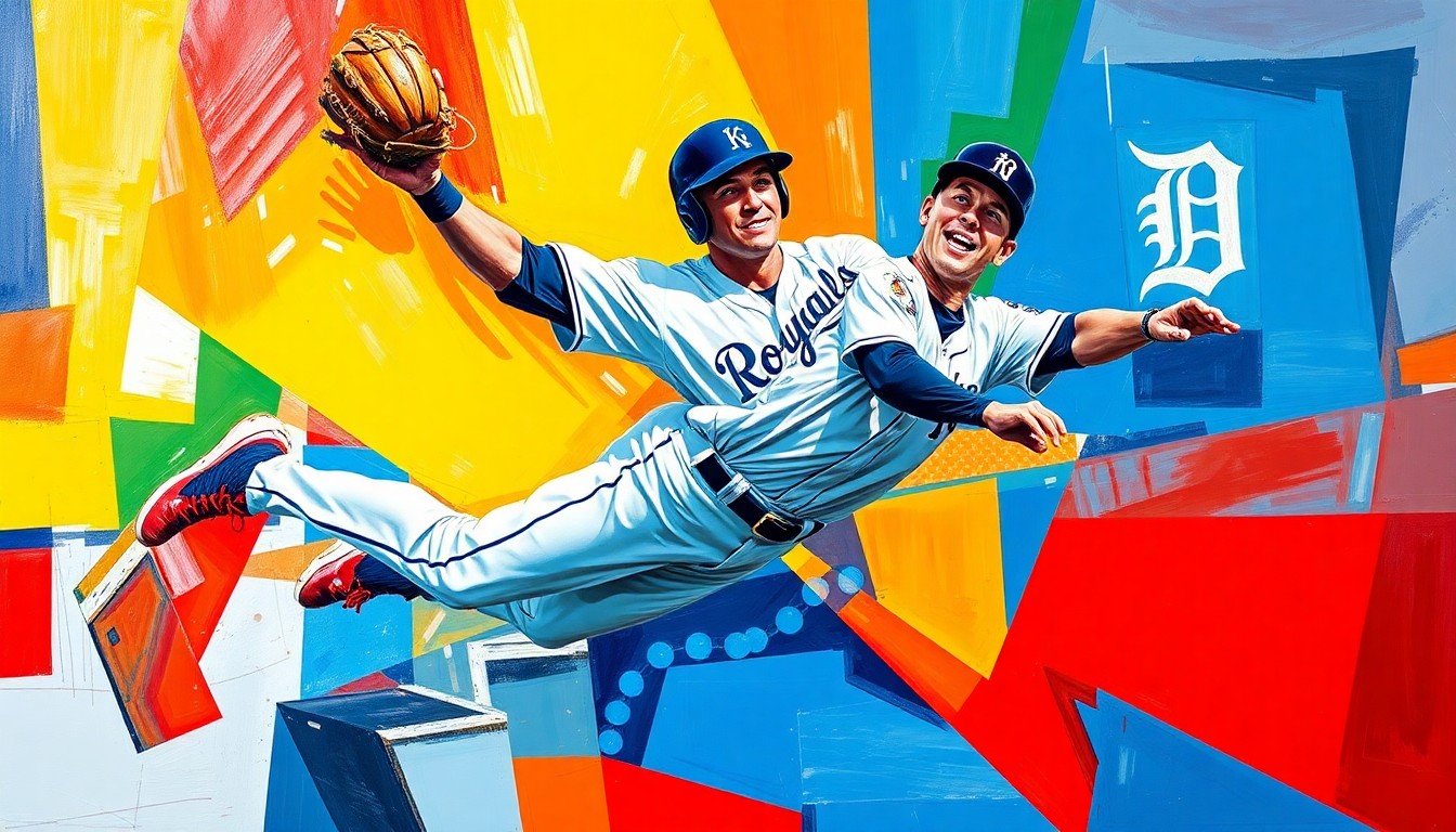A fractured, geometric painting depicting a baseball player's diving catch, with sharp planes of color representing the Royals and Tigers uniforms.