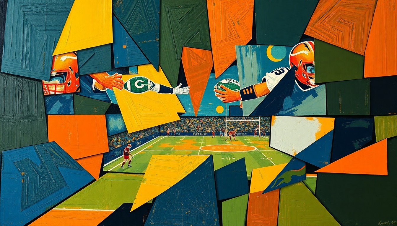 A cubist, geometric painting depicting fragmented, overlapping shapes and planes in shades of navy, orange, and green, conceptually representing the strategic decisions and moves of an NFL draft.