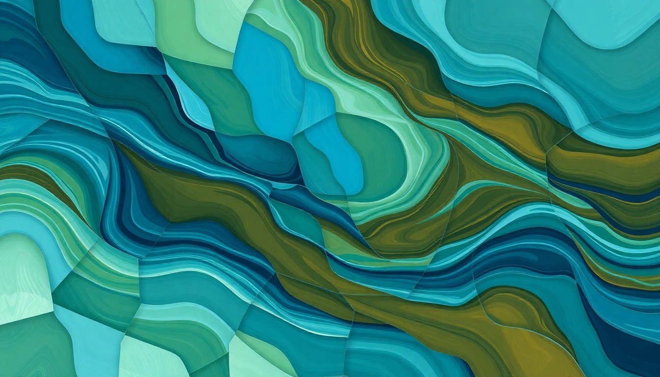 A fractured, geometric painting featuring overlapping waves of blue, green, and brown hues, representing the flow and importance of water infrastructure in the Central Valley.