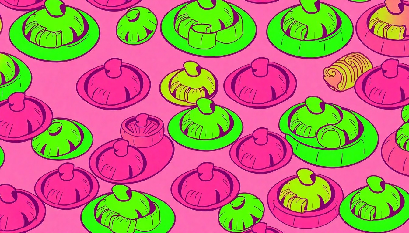 A brightly colored, high-contrast silkscreen print of a single, iconic food item repeated in a tight grid pattern, conceptually representing the diverse and celebratory nature of a community food festival.