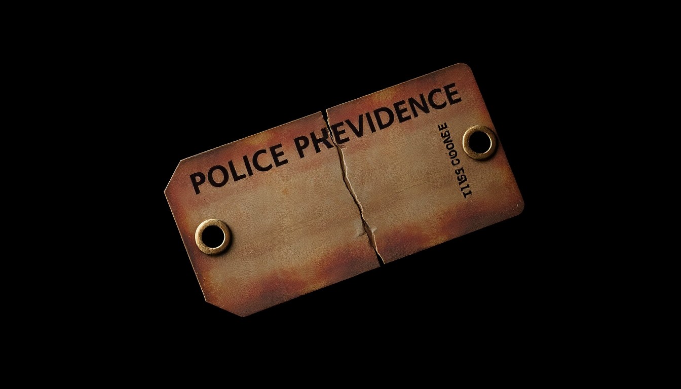 An extreme close-up of a weathered, cracked police evidence tag against a pitch-black background, lit by a harsh, direct camera flash, conceptually representing the urgency to solve a long-standing cold case.