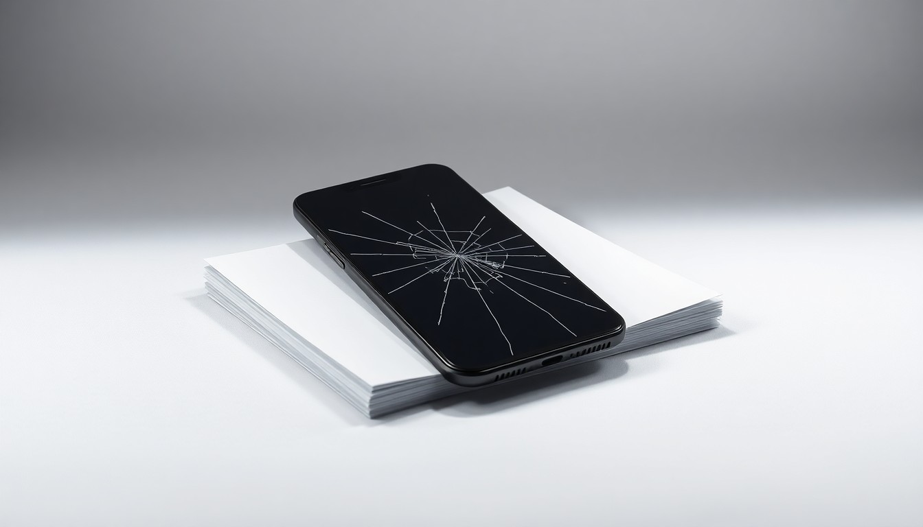 A high-end, photorealistic studio still-life photograph featuring a sleek, modern smartphone with a cracked screen partially obscured by a stack of crisp, white office papers, arranged elegantly on a clean, monochromatic background with dramatic lighting and deep shadows, conceptually representing the abstract corporate challenges facing Snap.