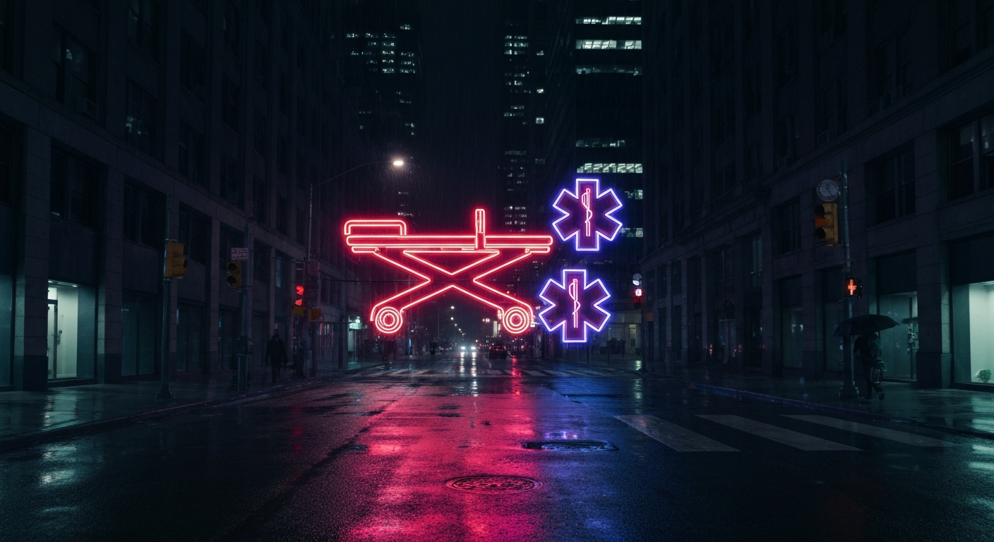 A minimalist design in the style of Keith Haring where the outline of a medical stretcher and emergency response symbols are defined entirely by vibrant neon lines against a dark background, conceptually representing the urgent medical response to a hazardous situation.